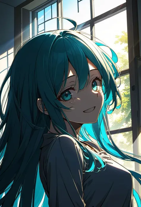 anime manga
a woman
 solo, messy hair, long hair, cyan hair 
beautiful ,  detailed face, 
 , happy, peaceful,   dutch angle,
sunlight,  windows, shadows
masterpiece, best quality, high quality,