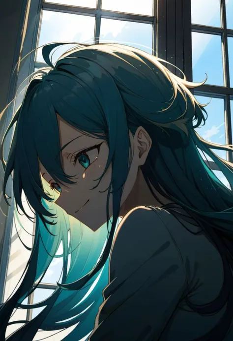 anime manga
a woman
 solo, messy hair, long hair, cyan hair 
beautiful ,  detailed face, 
 , happy, peaceful,   dutch angle,
sunlight,  windows, shadows
masterpiece, best quality, high quality,