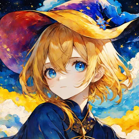 van gogh's starry night style, beautiful and aesthetic,vivid color, by 3meiji, masterpiece, illustration, best quality, watercolor, portrait of beatiful yellow haired blue eyed wizard girl on clouds, clouds, flower, upper body, art, wizard hat, robe,grown up flowers, short hair, flower pedicle, beatiful eyes