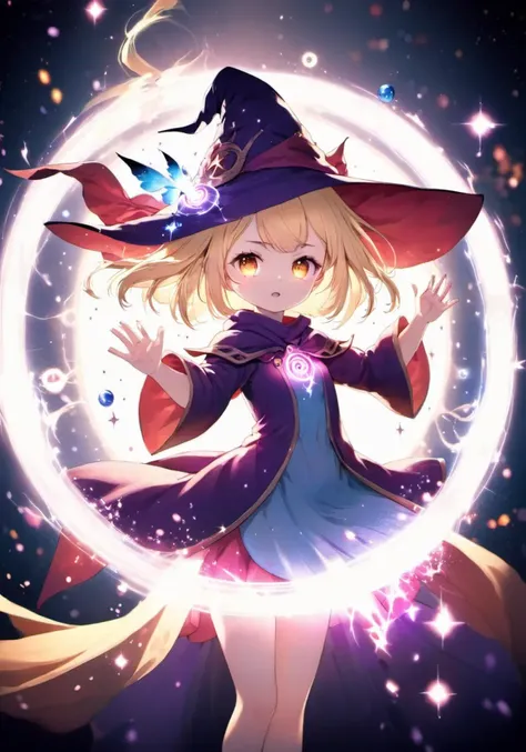 highres,best quality, young sorceress blonde girl wearing a wizard hat, surrounded by a floating magic circle emitting glowing particles. A sparkling little fairy is fluttering around her.