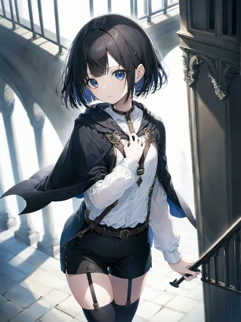 1girl,black short bob hair, black cloak de cour, black shorts, white long socks, white shirt, chest harness,