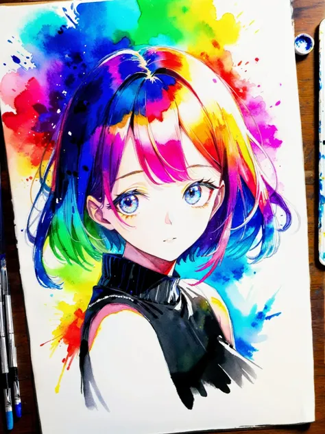 (1girl),beautiful and aesthetic,watercolor,vivid color,