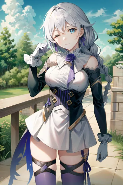 (Realistic painting style:1.1), masterpiece, best quality, absurdres, looking at viewer, solo,kallen kaslana (sixth serenade), kallen kaslana, white hair, (one eye closed:1.1), 1girl, solo, blue eyes, braid, looking at viewer, gloves, smile, long hair, braided ponytail, bangs, bare shoulders, (purple thighhighs:1.1), (purple gloves:1.1), purple pants, long sleeves, hair between eyes, (large breasts:0.8), hair ornament, single braid, pants, flower <lora:kallen_768_v2_lion_optimizer_dim64_loraModel_float_1e-1noise_token1_7-3-2023:1> outdoor, cloudy sky, cloud