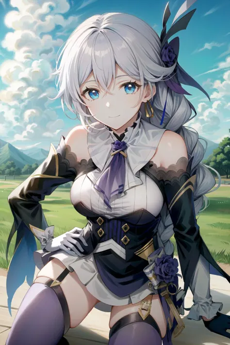 (Realistic painting style:1.1), masterpiece, best quality, absurdres, looking at viewer, solo,kallen kaslana (sixth serenade), kallen kaslana, white hair, 1girl, solo, blue eyes, braid, looking at viewer, gloves, smile, long hair, braided ponytail, bangs, bare shoulders, (purple thighhighs:1.1), (purple gloves:1.1), one eye closed, purple pants, long sleeves, hair between eyes, breasts, hair ornament, single braid, pants, flower <lora:kallen_768_v2_lion_optimizer_dim64_loraModel_float_1e-1noise_token1_7-3-2023:1> outdoor, cloudy sky, cloud