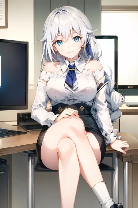 (Realistic painting style:1.1), masterpiece, best quality, absurdres, looking at viewer, solo,kallen kaslana (sixth serenade), kallen kaslana, white hair, 1girl, solo, blue eyes, braid, looking at viewer, smile, long hair, braided ponytail, bangs, bare shoulders, hair between eyes, (large breasts:0.9), hair ornament, single braid, <lora:kallen_768_v2_lion_optimizer_dim64_loraModel_float_1e-1noise_token1_7-3-2023:0.95> office, white sweater, indoors, black skirt, pencil skirt, smile, office lady, id card, black pantyhose, monitor, computer, crossed legs