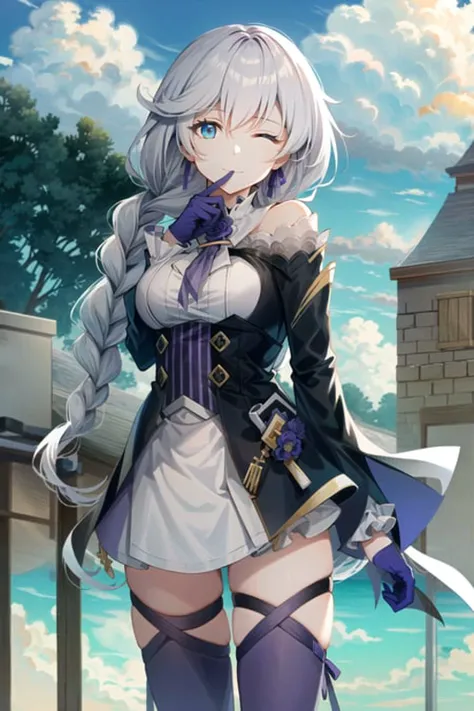 (Realistic painting style:1.1), masterpiece, best quality, absurdres, looking at viewer, solo,kallen kaslana (sixth serenade), kallen kaslana, white hair, (one eye closed:1.1), 1girl, solo, blue eyes, braid, looking at viewer, gloves, smile, long hair, braided ponytail, bangs, bare shoulders, (purple thighhighs:1.1), (purple gloves:1.1), purple pants, long sleeves, hair between eyes, (large breasts:0.8), hair ornament, single braid, pants, flower <lora:kallen_768_v2_lion_optimizer_dim64_loraModel_float_1e-1noise_token1_7-3-2023:1> outdoor, cloudy sky, cloud, finger to mouth