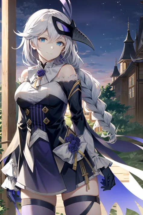 (Realistic painting style:1.1), masterpiece, best quality, absurdres, looking at viewer, solo,kallen kaslana (sixth serenade), kallen kaslana, white hair, mask, 1girl, solo, blue eyes, braid, looking at viewer, gloves, smile, long hair, braided ponytail, bangs, bare shoulders, purple thighhighs, purple gloves, purple pants, long sleeves, hair between eyes, (large breasts:0.8), hair ornament, single braid, pants, flower <lora:kallen_768_v2_lion_optimizer_dim64_loraModel_float_1e-1noise_token1_7-3-2023:1> city, night,