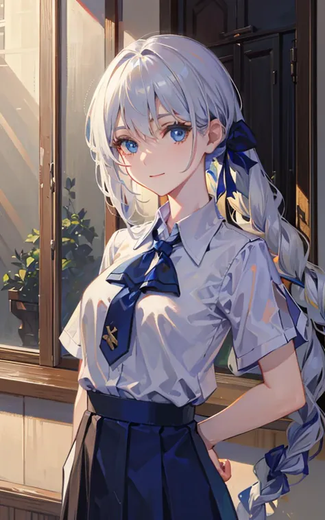 (Realistic painting style:1.1), (masterpiece, best quality:1.2), absurdres, highres,sharp focus, gorgeous detail face,gorgeous detail eyes,masterpiece, best quality, absurdres, looking at viewer, solo, kallen kaslana, white hair, 1girl, solo, blue eyes, (single braid), looking at viewer,smile,long hair, braided ponytail, bangs,hair between eyes, (large breasts:0.8),single braid, <lora:kallenKaslanaSixthSerenade_v10:0.6> ,<lora:JK:0.5>(short-sleeved JK_shirt),JK_style,(dark blue JK_skirt) ,(bow JK_tie),school uniform,pleated skirt,outdoors,