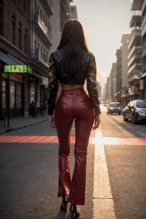 (Art Photography, Award Winning) skinny and toned, extremely long legs, DV_Darlene_Vicious (is a yakuza with neck tattoo, wearing red leather pants and jacket with dragon print on the back), red Ducati motor bike, 5mm, F/2.8, ((Photo Focus, DOF, Aperture, insanely detailed and intricate, character, hypermaximalist, revealing, appealing, attractive, amative, hyper realistic, super detailed, heresy flares))(DOF, blurry background, sunset in the background) (Lens Flare:1.3), (Heresy flare:1.4), looking angry
