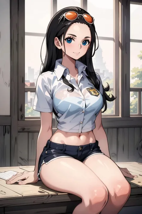 <lora:robin:1>best quality, masterpiece,1girl, white shirt, short shorts, classroom