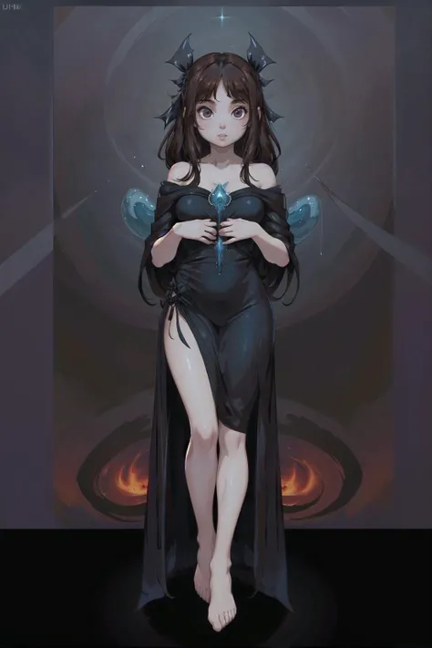 medium breasts, (masterpiece, best_quality, ultra-detailed, immaculate:1.3), epic, illustration, 1girl, (full body:1.5), dark sorceress, (flowing dress:1), , (Ominous paintings:1.3),In a magical, swirling vortex of dark energy, in a dark, Hawaiian greenhouse, bombshell hair, brown hair, hair ribbon, hugging own legs<lora:EnvyBeautyMix32:1>