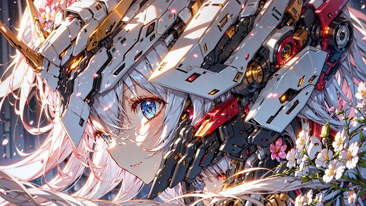 ((solo))Mecha helmet,((1girl)),grey mecha,Mech chest,(side face),long hair,flying hair,small breast,dramatic lighting,Flower background
<lora:Mecha_20230612141106:1>