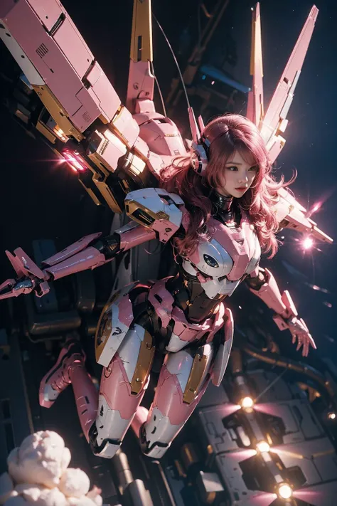 1girl, dramatic lighting, pink mecha,Honey Mecha,  <lora:Mecha_20230612141106:0.7>,full body, (flying in the sky:1.6),from above, far view,super wide shot, perspective depth,  depth of field, depth charge projector,
