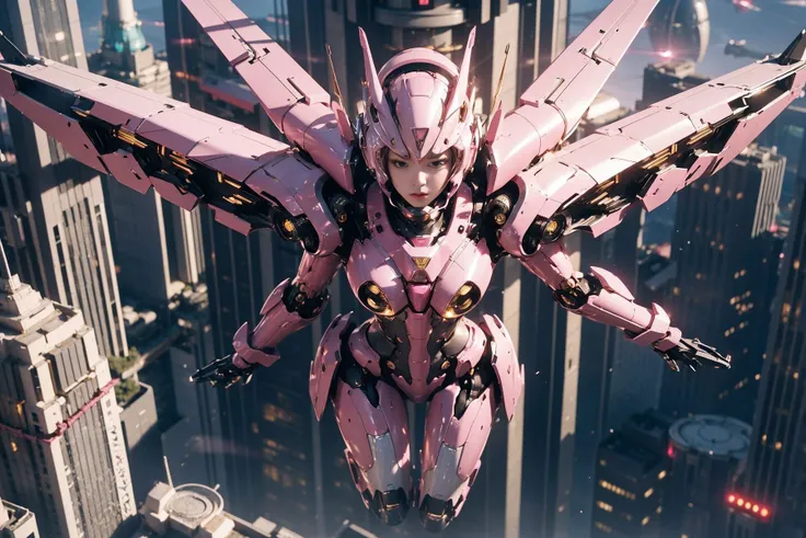 1girl, dramatic lighting, pink mecha,Honey Mecha, <lora:Mecha_20230612141106:0.7>,full body, (flying in the sky:1.6),from above, far view,super wide shot, perspective depth, depth of field, cityscape, skyline, city skyline,far view,from very far,jet,