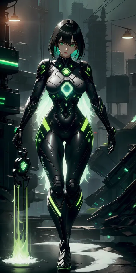 A beautiful cyberpunk girl with green gl0w1ngR, <lora:gl0w1ngR3(1)Civit:0.6>, yinyangtech , flow, scifi, <lora:YinYangTech:0.7>,fused glass jets,factories,black coat,hands in pockets,night, smokestack, smoke,, masterpiece, best quality, highly detailed, (8k), (4k), HDR, beautiful detailed girl, beautiful detailed face, beautiful detailed eyes, perfect shadow, masterpiece, best quality, perfect skin, shiny skin, perfect hands, perfect girl,