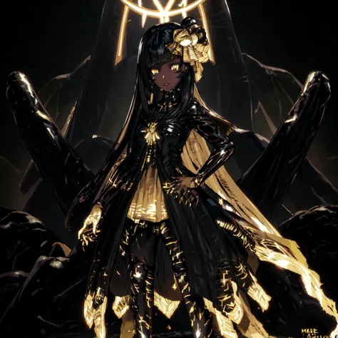 <lora:Louise_Nier-10:1>masterpeace,best quality,1girl, solo, black hair, yellow eyes, dark-skinned female,blunt bangs,makeup, glowing, lipstick, glowing eyes, science fiction,outdoors,full body,standing
