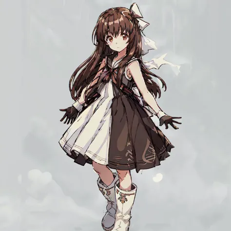 <lora:Tamaki_irie:1>masterpeace,best quality,<lora:Louise_Nier-10:1>masterpeace,best quality,1girl, solo, long hair,black hair, ribbon, brown eyes, hair bow, boots, sleeveless, black gloves, sailor collar, white dress, white footwear, white bow, single glove, sailor dress,outdoors,standing,full body