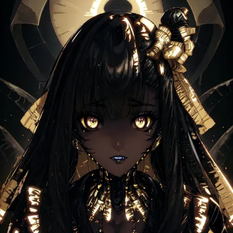 <lora:Louise_Nier-10:1>masterpeace,best quality,1girl, solo, black hair, yellow eyes, dark-skinned female,blunt bangs,makeup, glowing, lipstick, glowing eyes, science fiction,outdoors