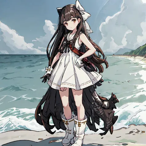 masterpeace,best quality,<lora:Louise_Nier-10:1>masterpeace,best quality,1girl, solo, long hair,black hair, ribbon, brown eyes, hair bow, boots, sleeveless, black gloves, sailor collar, white dress, white footwear, white bow, single glove, sailor dress,outdoors,standing,full body,beach,ocean