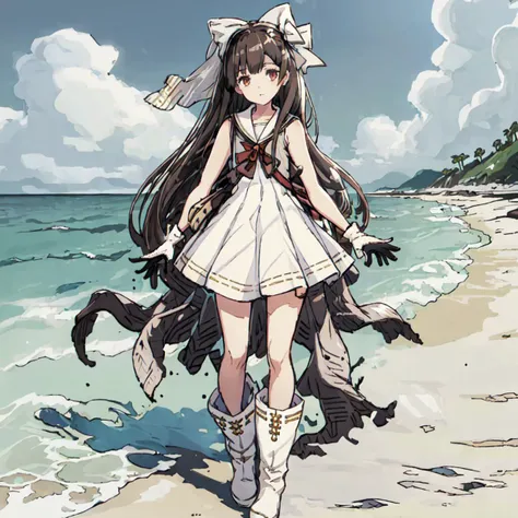 masterpeace,best quality,<lora:Louise_Nier-10:1>masterpeace,best quality,1girl, solo, long hair,black hair, ribbon, brown eyes, hair bow, boots, sleeveless, black gloves, sailor collar, white dress, white footwear, white bow, single glove, sailor dress,outdoors,standing,full body,beach,ocean
