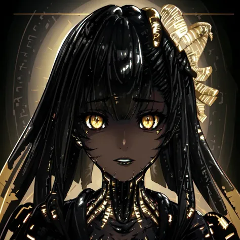 <lora:Louise_Nier-10:1>1girl, solo, black hair, yellow eyes, dark-skinned female,blunt bangs,makeup, glowing, lipstick, glowing eyes, science fiction