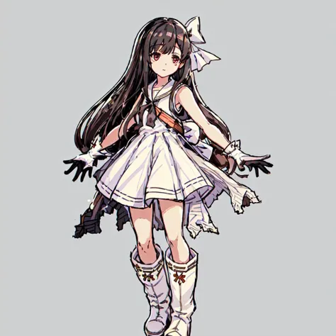 <lora:Louise_Nier-10:1>masterpeace,best quality,1girl, solo, long hair,black hair, ribbon, brown eyes, hair bow, boots, sleeveless, black gloves, sailor collar, white dress, white footwear, white bow, single glove, sailor dress,outdoor
