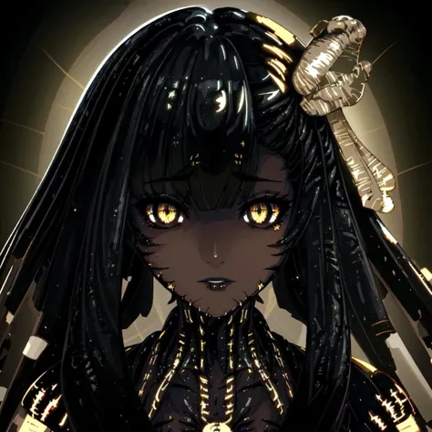 <lora:Louise_Nier-10:1>1girl, solo, black hair, yellow eyes, dark-skinned female,blunt bangs,makeup, glowing, lipstick, glowing eyes, science fiction