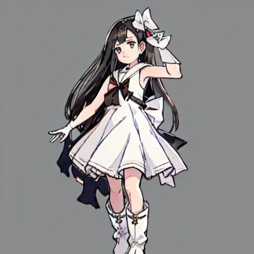 <lora:Louise_Nier-10:1>1girl, solo, long hair,black hair, ribbon, brown eyes, hair bow, boots, sleeveless, black gloves, sailor collar, white dress, white footwear, white bow, single glove, sailor dress