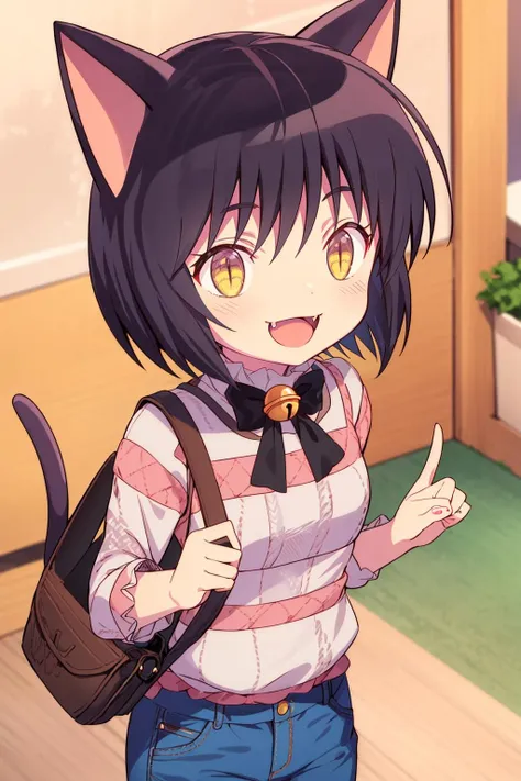 (masterpiece_1.3), (best quality_1.2),kuronekosuzu,1girl,solo,takahashi_rumiko,fang,open mouth,looking at viewer,petite,small_breasts,animal ears,cat ears,black hair,short hair,cat girl,bell,tail,cat tail,yellow eyes,slit pupils,neck bell,smile, <lora:20_kuronekosuzu:0.8>finger frame,collared dress shirt, Shoulder bag horizontal-striped denim pants