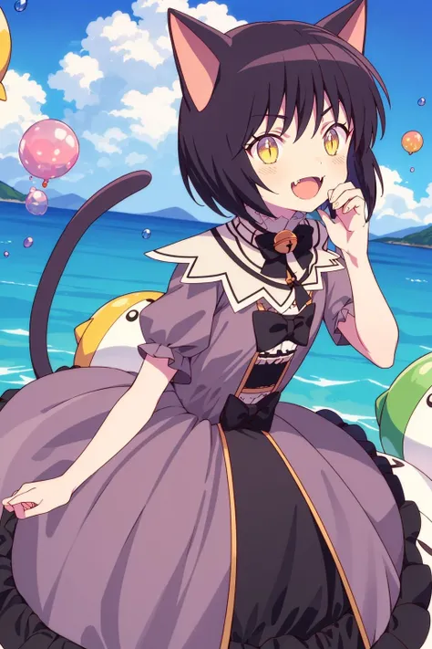 (masterpiece_1.3), (best quality_1.2),kuronekosuzu,1girl,solo,takahashi_rumiko,fang,open mouth,looking at viewer,petite,small_breasts,animal ears,cat ears,black hair,short hair,cat girl,bell,tail,cat tail,yellow eyes,slit pupils,neck bell,smile, <lora:20_kuronekosuzu:0.8>standing,v-neck sweater __patterns__ pants