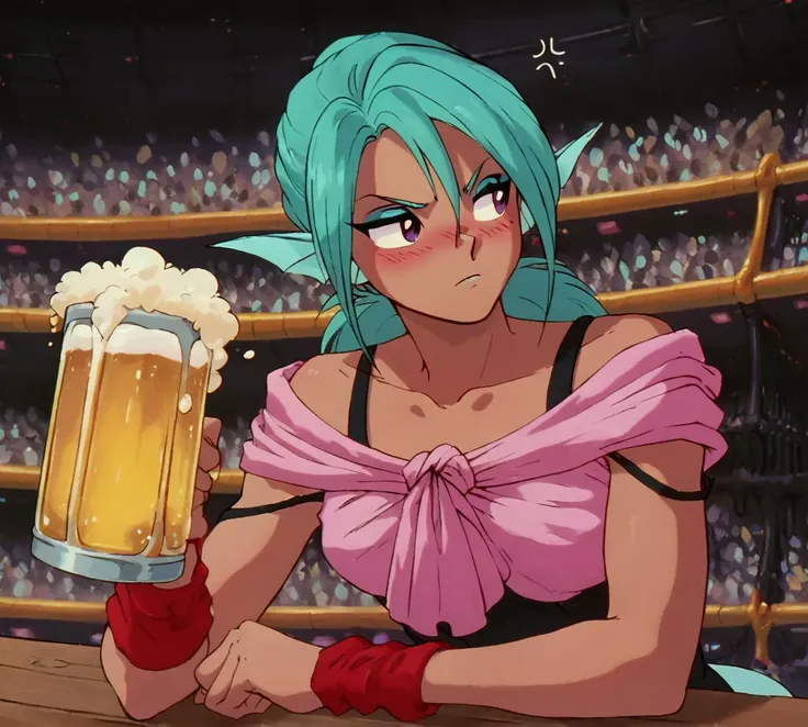 Juri, aqua hair,  zPDXL, best quality, amazing quality, score 9, 1girl, beer, beer mug, unamused, annoyed, looking to the side, blush, restaurant, <lora:Juri:0.8>