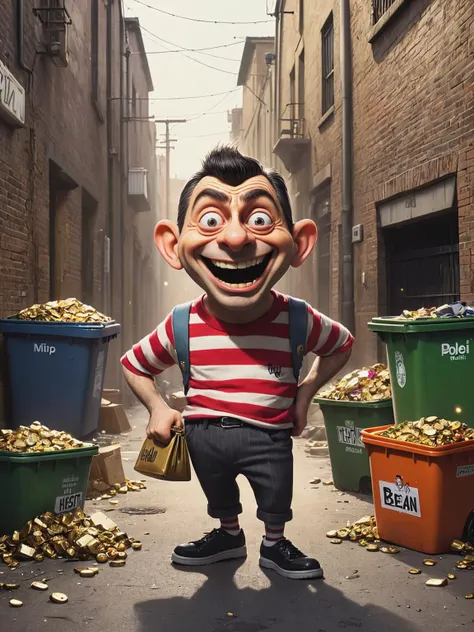 ais-trollz robber, with a striped robber tshirt and a bag of golds, in an alley with dumpsters, a policecar with lights on in the background, creating an energetic heist scene <lora:Russ_Trolls_Style_SDXL:0.2>, mr bean