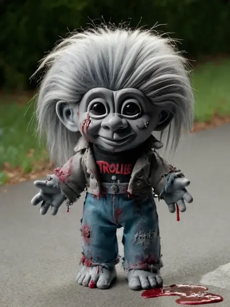 ais-trollz zombie, with grey skin, silver hair, blood dripping from mouth, outside in dystopian street <lora:Russ_Trolls_Style_SDXL:1>