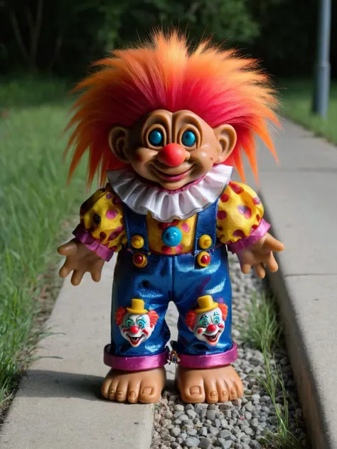 ais-trollz killer clown, standing by a storm drain on the side of the street <lora:Russ_Trolls_Style_SDXL:1>