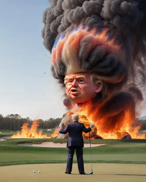 Close up photo of (ais-trollz Donald Trump:1.5), burning golf course in front of explosion, Explosion Artstyle, <lora:Russ_Trolls_Style_SDXL:0.8> <lora:Explosion Artstyle - Trigger is Explosion Artstyle:0.6>