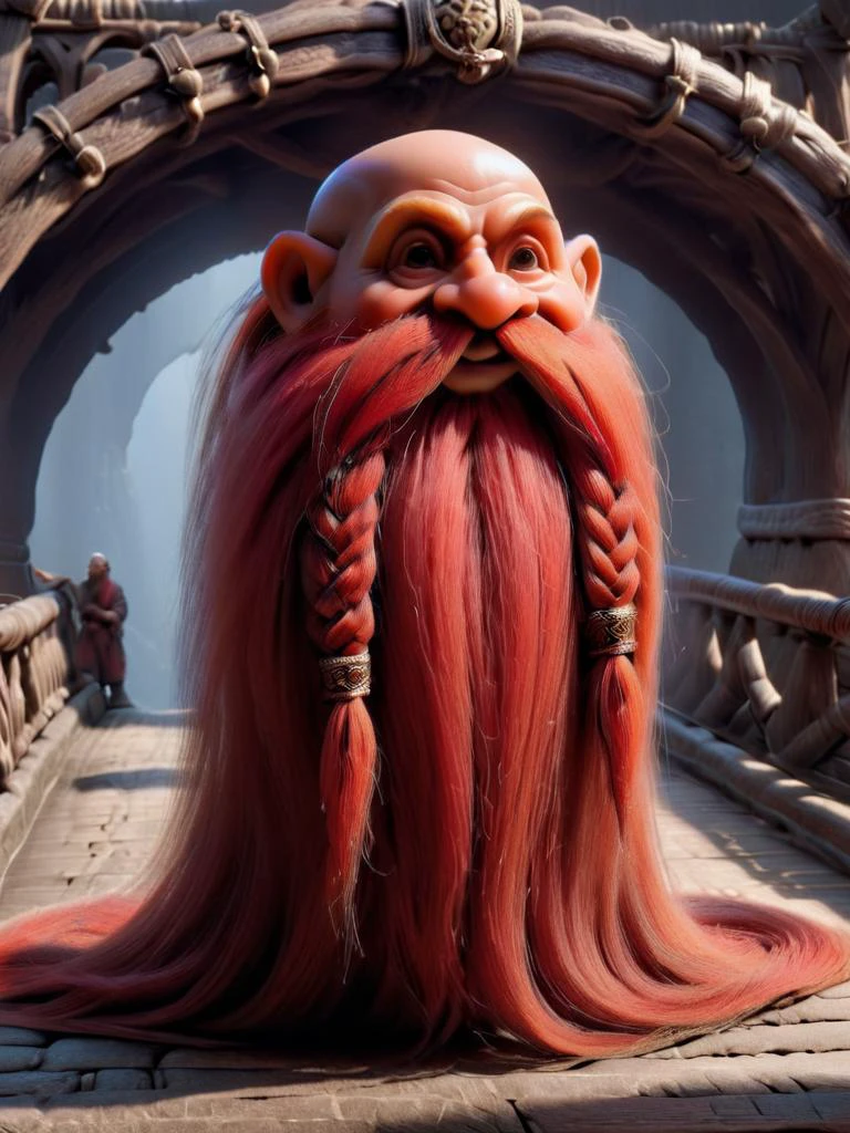 ais-trollz,ultra detailed, masterpiece, Harry_Dwarf, flowing long Scarlet beard, braided moustache,bald, bangles, <lora:Harry_Dwarf_1.5:1.2>, back lighting, beautiful lighting, over a narrow bridge <lora:Trollz_2:0.8>,