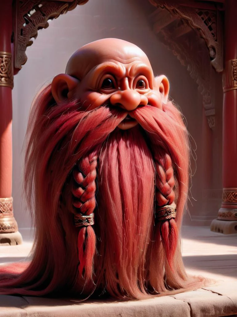 ais-trollz,ultra detailed, masterpiece, Harry_Dwarf, flowing long Crimson beard, braided moustache,bald, bangles, <lora:Harry_Dwarf_1.5:1>, back lighting, beautiful lighting, at a temple <lora:Trollz_2:0.9>,