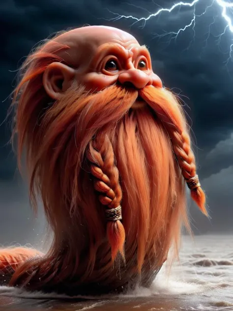 ais-trollz,ultra detailed, masterpiece, Harry_Dwarf, flowing long Orange beard, braided moustache,bald, bangles, <lora:Harry_Dwarf_1.5:1>, back lighting, beautiful lighting, in a thunderstorm <lora:Trollz_2:0.9>,