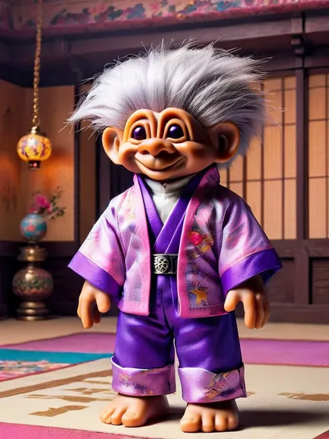 ais-trollz,<lora:Trollz_2:1>,, Anime style, ultra detailed, masterpiece, an old man martial artist with Platinum silver bob cut wearing Violet and Rose cape with a popped collar, tacky pattern baggy clothing , castle interior <lora:add-detail-xl:0.8>