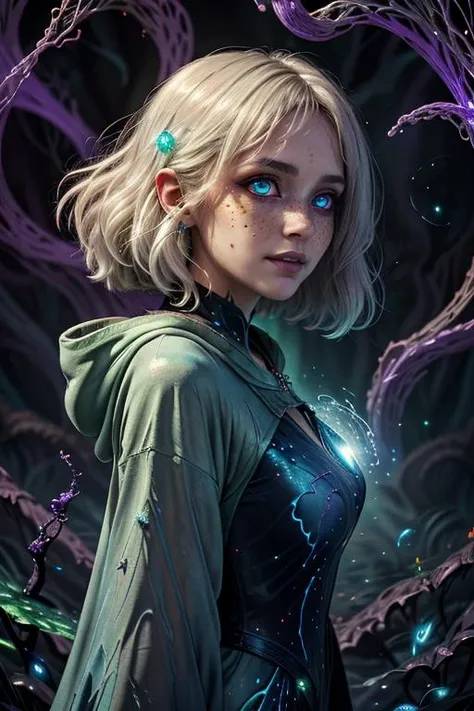 best quality,masterpiece,1 girl, adult (elven:0.7) woman, freckles, blue eyes, platinum blonde shaggy hair, ombre,  (style-swirlmagic:0.8),  solo, from side, side view, upper body, looking away, detailed background, detailed face, (<lora:DonMASKTex:0.4>,  energy tubes,   DonMASKTex theme:1.1) acid-sorcerer, hooded sorcerer clothes,  evil grin, dynamic pose, glowing eyes, purple color scheme,  purple eyes, purple clothes,   green gas,    vial of glowing poison,   spellbook,    floating particles,  emanating eerie poisonous fog, creeping vines in background, dark shadows, fantasy atmosphere,,