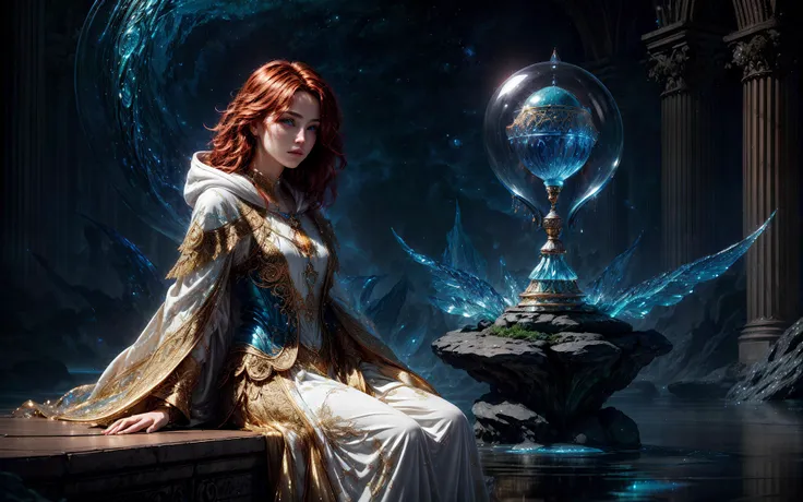 masterpiece, epic, majestic, best quality, very high resolution, 8k, hdr, digital photography, dynamic pose, prepossessing 26 years old female Gilnean witch, aquamarine eyes, (dark red hair, messy hair:1.1), looking at camera with a preoccupied expression, solo, establishing shot, looking up, detailed background, detailed face, (<lora:DonMASKTex:0.4>, astral magic, glowing liquid, DonMASKTex theme:1.1), oracle, mystic, calm resolve, dynamic pose, farsight, white robes, hood, magical gemstones, hourglass, floating sigils, rippling water in background, low light, whispers of wind, epic atmosphere,, (iridescent:0.7), (transparent:0.8), (translucid:0.8), (reflection:0.6), (refraction:0.3), (diffraction:0.3), (caustics:0.3), volumetric lights, volumetric shadows, (subsurface scatering:0.4), physically based rendering, (intricate details:1.3), hyperdetailed, ultrarealistic, (sharp focus:1.2) <lora:hyperdenoiser_v090:1.8> <lora:add_detail:1.5>