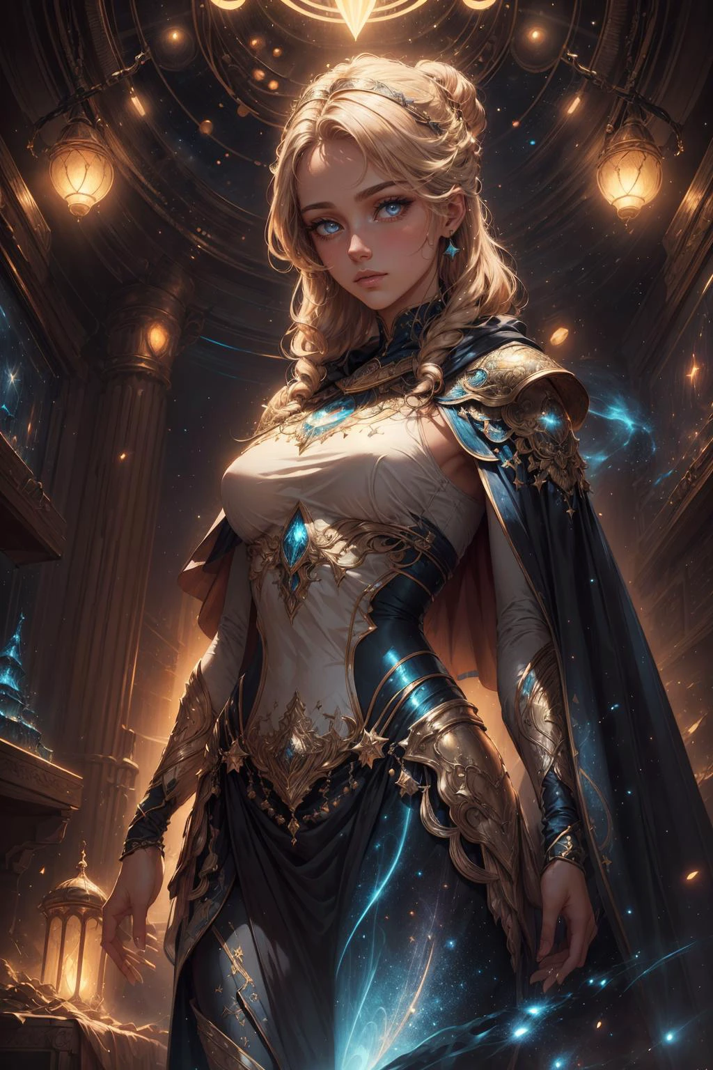 beautiful and detailed illustration, pop art, masterpiece, best quality, ultra-detailed, soft lighting, cinematic shot, vibrant colors, gorgeous colors, <lora:add_detail:0.3>, <lora:stylesqueeze_v2:0.5>,
1 girl, adult russian woman, ruby eyes, blonde quiff hair, ombre,
<lora:GoodHands-beta2:0.8>,
Style-GravityMagic, solo, from front, front view, half shot, looking down, detailed background, detailed face, (<lora:DonMASKTex:0.4>, scifi, energy tubes, DonMASKTex theme:1.1) middle-eastern desert warrior, yellow berber armor, silk cape, shawl, star motifs islamic culture, in background, clear skies, cinematic atmosphere,
