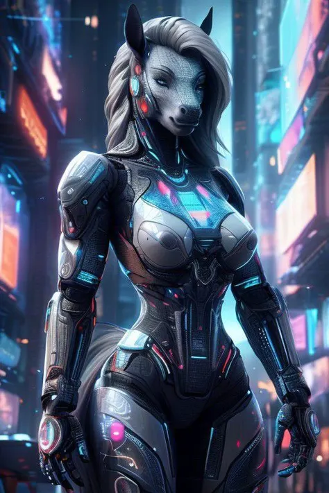 ((equid)), ((equine)), ((horse)), (Mare), Muscular Female cyborg, equine face, pale skin, adstech colorful symbols on skin, glowing hologram robotics, DonMASKTex mechanical body, ((5 fingers)),small breasts, highly detailed, 4k, hi res, five fingers, detailed hands, ((detailed face, (detailed eyes:1.0), detailed)), ((grey hair:1.0)), realistic, photograph, cinematic lighting,cinematic portrait, photorealistic, highest OverallDetail, knowing look, confident pose, masterpiece, full body portrait, concept art, in a crowded adstech city street