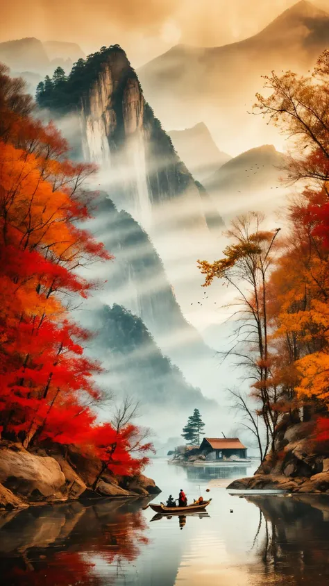 <lora:1.5:0.9>,shan,watercraf11t,boat,bird,tree,scenery,water,lake,mountain,outdoors,reflection,nature,river,