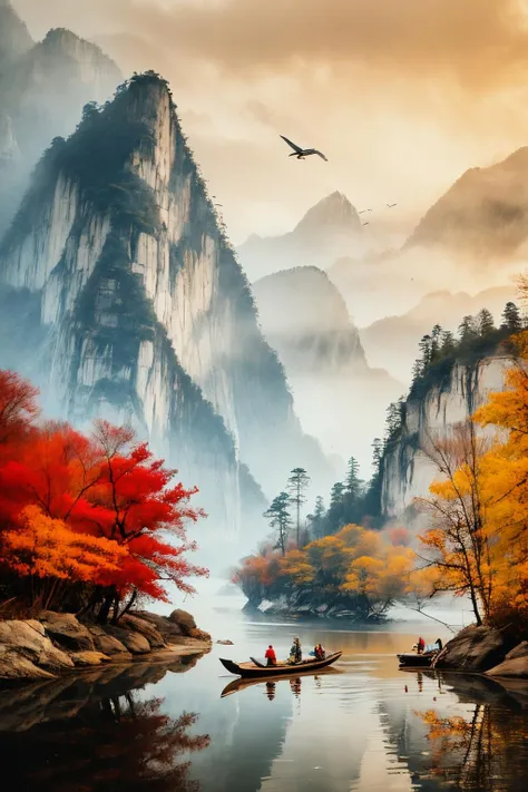 <lora:1.5:0.9>,shan,watercraft,boat,bird,tree,scenery,water,lake,mountain,outdoors,reflection,nature,river,