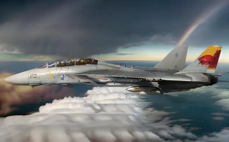 2 airplanes F14 <lora:F-14 V2:0.8> (masterpiece, best quality:1.2),Japan, Vulcan on background, fujiyama, ((night)), sundown, sunset,epic, cinematic, sky, ((fly)), (smoke), (foggy), volumetric light, raytraced, flare, hdr, 4k, crew, speed, supersonic, sound barrier, (dark clouds), (rain), ocean, sea, shore, high contrast, (storm), (lightnings), polar lights, stars, blockbuster, two tails, ((take off)), rainbow, Kamchatka, islands landscape