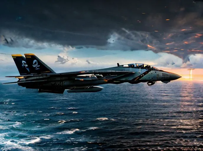 pilot selfie, tom cruse, <lora:F14:0.8> F14 (masterpiece, best quality:1.2), ultra-detailed, (anime style), airfield, runaway ,Japan, Vulcan on background, fujiyama, graphic novel, ((night)), sundown, sunset, low light ,epic, cinematic frame, top gun, carrier deck, (smoke), (foggy), volumetric light, raytraced, flare, hdr, 4k, crew, speed, supersonic , sound barrier, (dark clouds), (rain), ocean, sea, shore, high contrast, (storm), lightnings