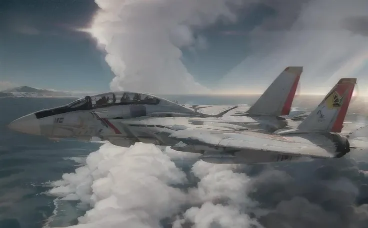 F14 <lora:F-14 V2:0.8> (masterpiece, best quality:1.2),Japan, Vulcan on background, fujiyama, ((night)), sundown, sunset,epic, cinematic frame, top gun, sky, ((fly)), (smoke), (foggy), volumetric light, raytraced, flare, hdr, 4k, crew, speed, supersonic, sound barrier, (dark clouds), (rain), ocean, sea, shore, high contrast, (storm), (lightnings), polar lights, stars, blockbuster, two tails, ((take off)), rainbow, Kamchatka