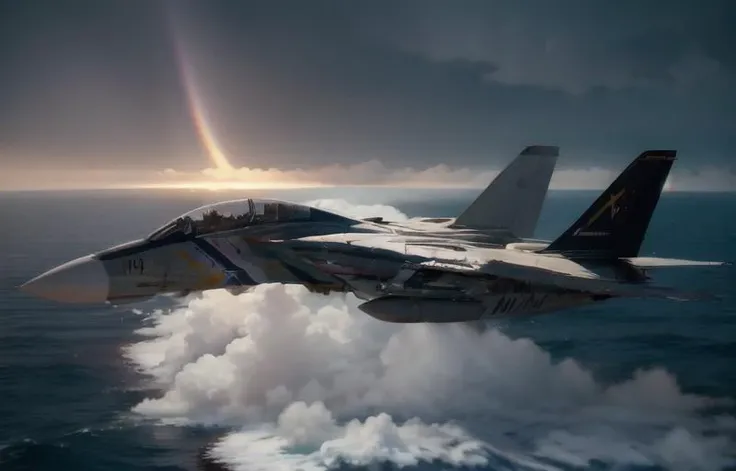 F14 <lora:F-14 V2:0.8> (masterpiece, best quality:1.2),Japan, Vulcan on background, Fujiyama, ((night)), sundown, sunset,epic, cinematic, sky, ((fly)), (smoke), (foggy), volumetric light, raytraced, flare, hdr, 4k, crew, speed, supersonic, sound barrier, (dark clouds), (rain), ocean, sea, shore, high contrast, (storm), (lightnings), polar lights, stars, blockbuster, two tails, ((take off)), rainbow, Kamchatka, islands landscape, aircraft turn