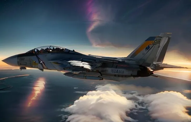 F14 <lora:F-14 V2:0.8> (masterpiece, best quality:1.2),Japan, Vulcan on background, Fujiyama, ((night)), sundown, sunset,epic, cinematic, sky, ((fly)), (smoke), (foggy), volumetric light, raytraced, flare, hdr, 4k, crew, speed, supersonic, sound barrier, (dark clouds), (rain), ocean, sea, shore, high contrast, (storm), (lightnings), polar lights, stars, blockbuster, two tails, ((take off)), rainbow, Kamchatka, islands landscape, aircraft turn